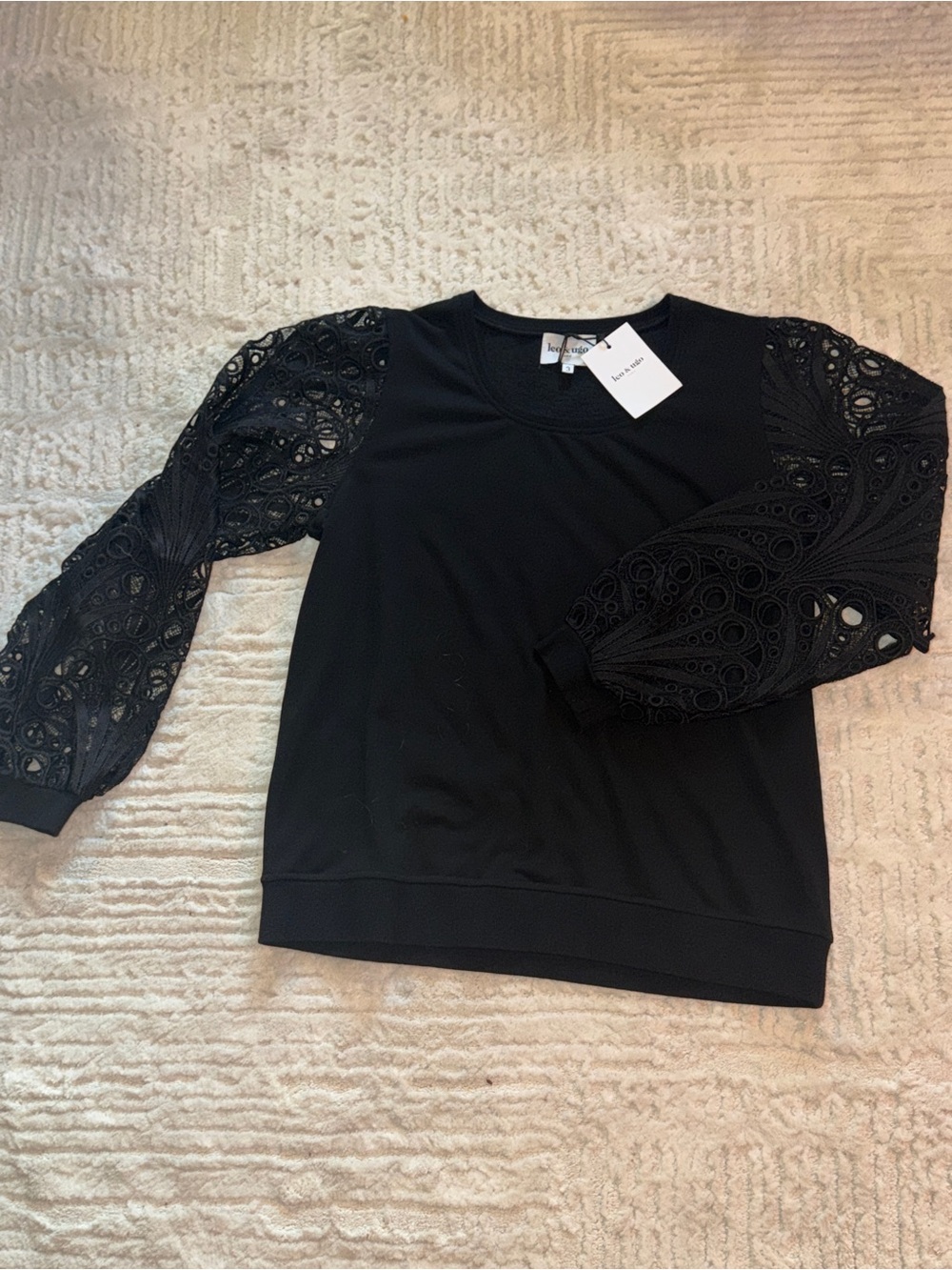 Love & Ugo Black Lace-Flower-Sleeve Pullover Sweatshirt